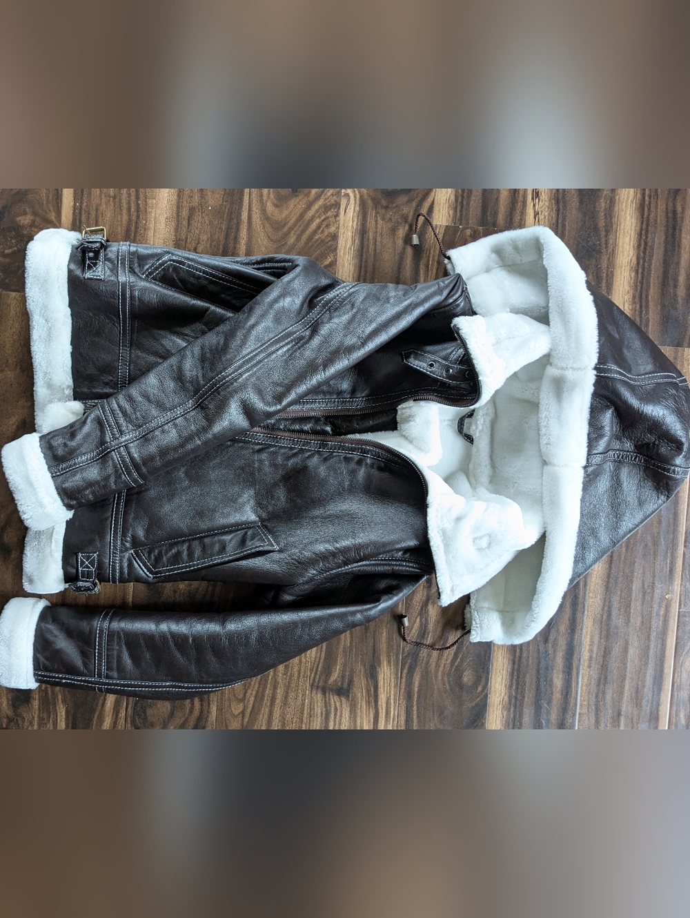 Brown Shearling-Lined Leather Bomber Jacket - Picture 2 of 3